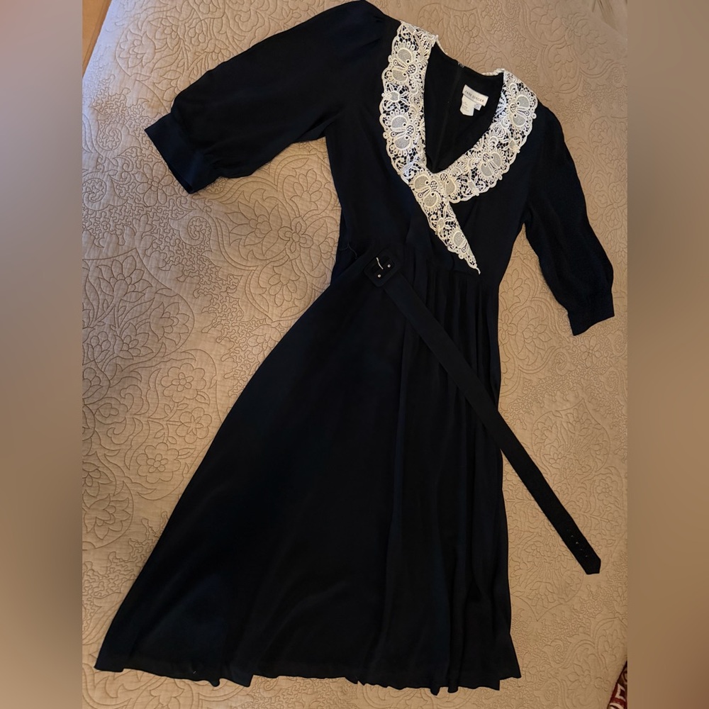 VTG 80s Jane Singer Black Cream Lace Dress Romantic Witchy Whimsygoth Prairie 14 - Picture 13 of 13